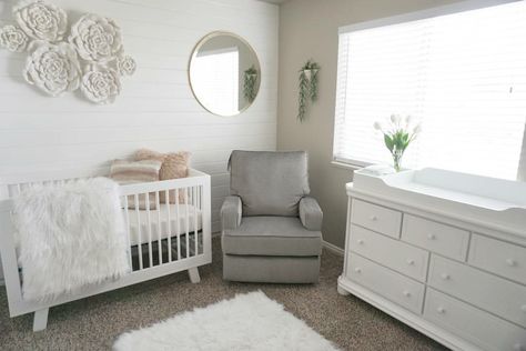 Cutest white and Grey nursery! I love the big flowers on the wall Nursery With Grey Chair, White And Grey Nursery, Grey White Nursery, Grey Cot, Wooden Cribs, Baby Dresser, White Crib, Grey Nursery, White Nursery