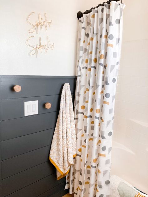 Kids Bathroom Makeover | San Diego interior design | Domestic Blonde Fun Bathroom Accent Wall, Boho Chic Bathroom Ideas, Neutral Kids Bathroom, Boy Bathroom Ideas, Gender Neutral Kids Bathroom, Modern Kids Bathroom, Kids Bathroom Storage, Toddler Bathroom, Boys Bathroom Decor