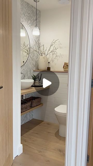 Small Bathroom Herringbone Floor, Washroom Floor Tiles, Dark Downstairs Toilet, Small Cloakroom Toilet Downstairs Loo, Small En Suite Ideas, Wc Ideas Downstairs Loo, Toilet Floor Tiles, Marble Herringbone Bathroom, En Suite Bathroom Ideas