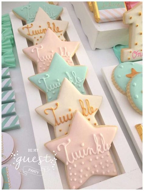 Julieta's 1st Birthday Party | CatchMyParty.com Star Birthday Party, Twinkle Twinkle Baby Shower, Star Party, Baby Shower Cookies, 1st Birthdays, Baby Shower Food