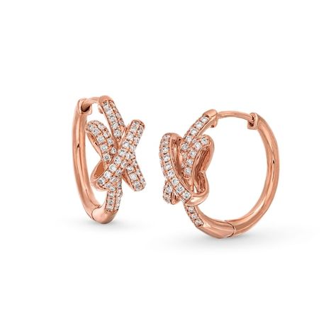 A unique and abstract look, these lab-created diamond knot hoop earrings make a creative statement. 10K rose gold Each hoop features a sculpted knot design lined with double rows of certified lab-created diamonds F color/SI2 clarity Includes certification card 1/2 ct. t.w. of lab-created diamonds Hinged backs Gold Earrings Diamond, Diamond Knot, Modern Gold Jewelry, Bali Earrings, Knot Design, Silver Line, Diamond Hoop Earrings, Diamond Stud, Lab Created Diamonds