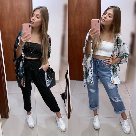 kimono + calça boy! ❤️ @alinecia Looks Kimono, Summer Kimono Outfit, Look Kimono, Korean Fashion Women Dresses, Casual College Outfits, Outfit Mujer, Tumblr Outfits, Feminine Outfit, Cute Summer Outfits