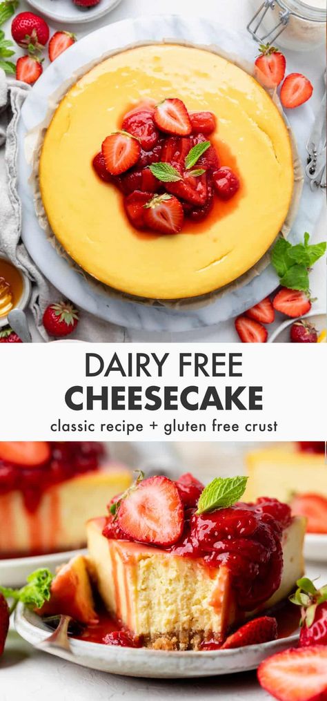 Classic Dairy Free Cheesecake Lactose Free Cheesecake, Dairy Free Cheesecake Recipe, Gluten Free Cheesecake Recipes, Dairy Free Deserts, Lactose Free Cheese, Dairy Free Cheesecake, Dairy Free Cream Cheese, Gluten Free Crust, Dairy Free Cream