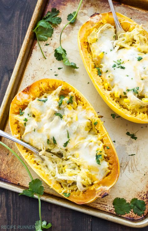 Green Chile Chicken Enchilada Stuffed Spaghetti Squash | You won't miss the tortillas, carbs or time spent rolling up the enchiladas when you make this Green Chile Chicken Enchilada Stuffed Spaghetti Squash! Chicken Enchilada Spaghetti Squash, Chicken Enchilada Spaghetti, Enchilada Spaghetti Squash, Enchilada Spaghetti, Chicken Stuffed Spaghetti Squash, Cheesy Spaghetti Squash, Dinners Under 500 Calories, Stuffed Spaghetti Squash, Green Chile Chicken Enchiladas