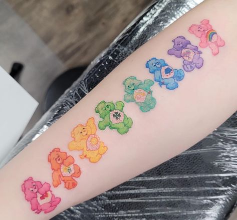 Care Bear Matching Tattoo, Lucky Care Bear Tattoo, Cheer Bear Tattoo, Care Bears Tattoo Ideas, Carebears Tattoos, Care Bear Tattoo Ideas, Care Bear Tattoo, Pop Culture Tattoos, Care Bear Tattoos