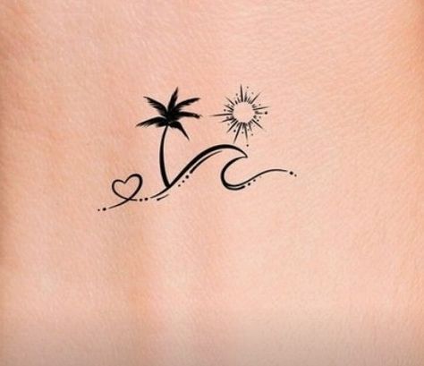 Beach Love Tattoo, Palm Tree Heart Tattoo, Oahu Tattoo Ideas, Beach Heart Tattoo, Best Friend Tattoos Beach Theme, Beach Lover Tattoo, Beach Wave Tattoo Ideas, Small Beach Tattoo For Women, Beach Themed Tattoos