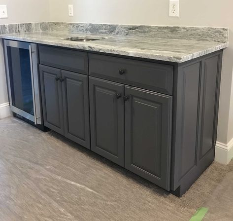 Peppercorn Kitchen Cabinets, Peppercorn Cabinets, Wet Bar Cabinet, Sherwin Williams Peppercorn, Wet Bar Cabinets, Bar Cabinets, Craftsman Cottage, Granite Countertop, White Granite