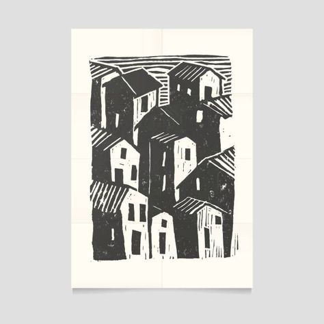 Geometric Linocut, House Linocut, Linocut Prints Simple, Linocut Art Simple, Linocut Art Ideas, Linocut Landscape, Simple Linocut, Linocut Prints Art, Abstract Stencil