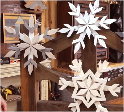 Craftsman shows how to easily make 3 large wooden snowflakes for less than a dollar Wooden Snowflakes Diy, Snowflakes Diy, Rustic Wood Lanterns, How To Make Snowflakes, Wood Snowflake, Snow Flakes Diy, Backyard Water Feature, Wood Lantern, Wooden Snowflakes