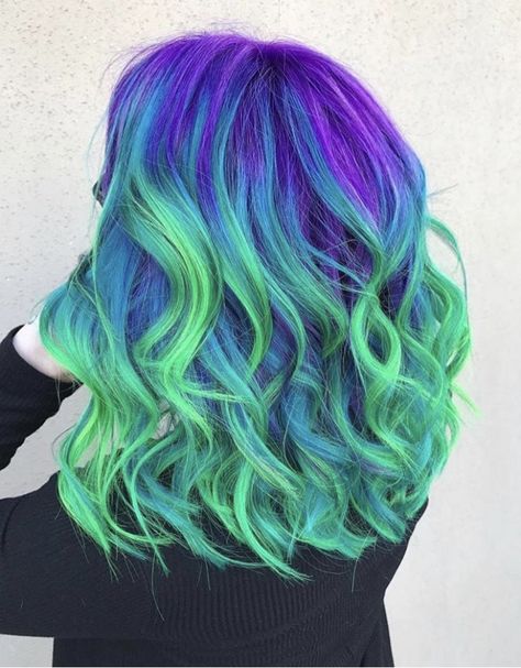 Hair Color Green Blue, Purple With Green Hair, Multicolor Blue Hair, Purple And Green Hair Color, Purple Green And Blue Hair, Neon Blue Hair Color, Mermaid Hair Dye, Purple To Green Hair, Purple Green Blue Hair