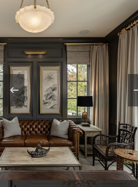 Colonial Inspired Interior, Urban Bronze Media Room, 20s Inspired Home Decor, Dark Grey Family Room, Masculine Country Living Room, Funky Sunroom, Minimal Luxury Interior Living Rooms, Small Colonial House Interior Design, Gentleman Room