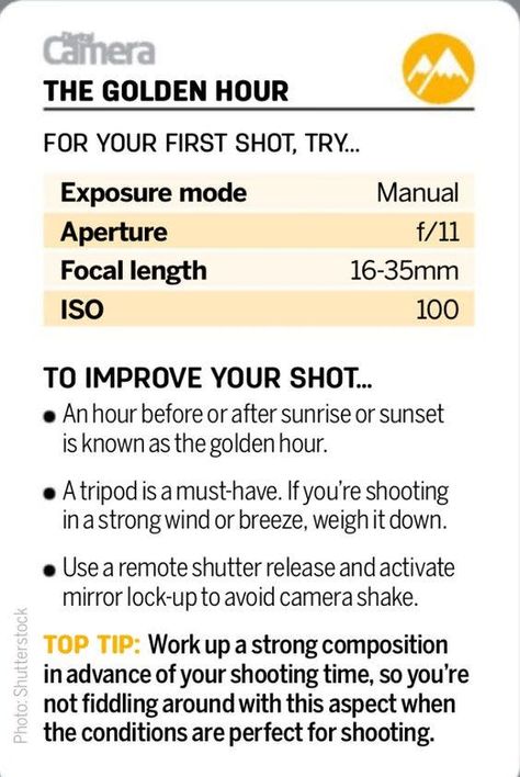 Photography Cheat Sheet: Camera Settings for a Golden Hour Shoot Sunrise Photography Cheat Sheet, Nikon 7500 Cheat Sheet, Sunset Photography Tips, Nikon D7500 Cheat Sheets, Sunset Photo Settings, Sunset Photography Settings, Photography Cheat Sheet, Beginner Photography Camera, Manual Photography