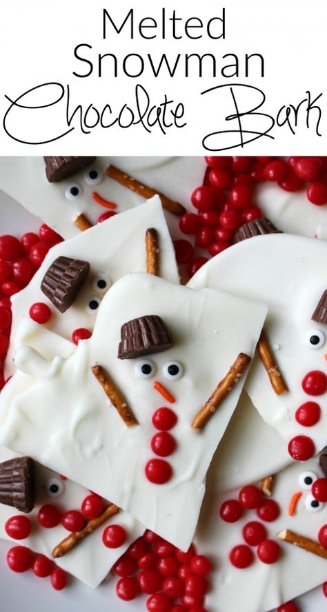 Melted snowman chocolate bark - a super easy holiday dessert. A great option for Christmas cookie swap parties! Christmas Cookie Swap Party, Snowman Chocolate, Easy Holiday Dessert, Cookie Swap Party, Christmas Cookie Swap, Easy Holiday Desserts, Melted Snowman, Cookie Swap, Holiday Dessert