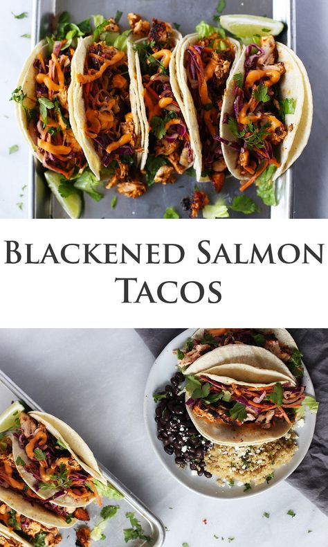 Blackened Salmon Tacos, Salmon Tacos Recipe, Tacos Dorados, Salmon Tacos, Blackened Salmon, Baked Salmon Recipes, Grilled Salmon, Fish Dishes, Seafood Dishes