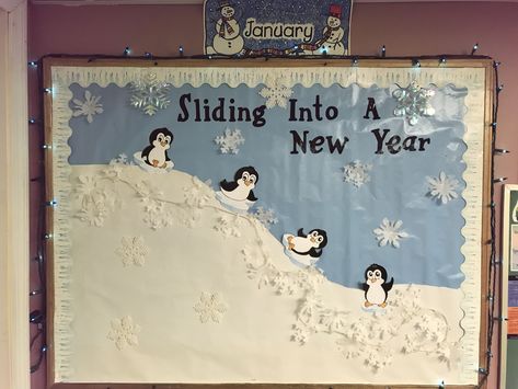 Sliding Into A New Year Arctic Theme Arctic Theme Classroom, Artic Animal Bulletin Board Ideas, Polar Bear Bulletin Board Ideas, Winter Animal Bulletin Board Ideas, Animals Bulletin Board, Penguin Display, Artic Bulletin Board Arctic Animals, Penguin Winter Bulletin Boards, Toddler Bulletin Boards