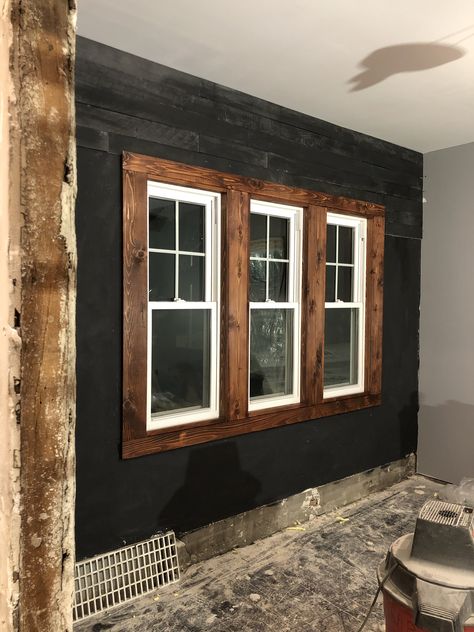 White Walls Natural Wood Trim, Reclaimed Wood Trim Ideas, White Windows Cedar Trim Exterior, Cedar Framed Windows, Wood Stain Window Trim, Pallet Window Trim, Rustic Wall Trim, Cedar Trimmed Windows Exterior, Black And Cedar House Interior