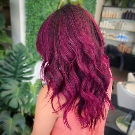 Magenta Hair Color Ideas, Magenta On Dark Hair, Dark Pink Hair Color Ideas, Pink Tip Hair, Magenta Balayage, Dark Pink Hair Color, Pink Magenta Hair, Pink Hair Dark, Dark Pink Balayage