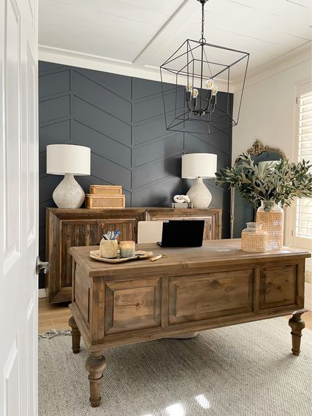 Home Office Inspiration For Men, Mom Home Office Ideas, Rustic Office Color Scheme, Office With Brown Furniture, Office Country Style, Home Office Inspiration Modern Farmhouse, Desk With Credenza Home Office, Farmhouse Style Home Office, Masculine Farmhouse Office