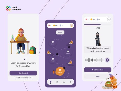 Share your thoughts on this inspirational design for a language-learning app :) #mobileappdesign #uiux #uidesign #english #learning #appdesign #learningapp #capi #app #mobile #creative #design #ui Language Learning App Ui Design, Learning App Design, Kids App Design, English App, Language App, Word App, Language Apps, Mobile App Design Inspiration, App Interface Design