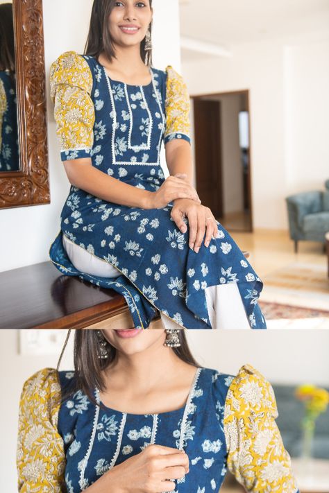 Indigo hand block print; Hand block print; Indigo kurta; Indigo with gota lace; Puff sleeved indigo kurta; Nursing friendly indigo kurta; Nursing kurta Puff Hand Kurti Design, Kurta With Puff Sleeves, Puff Sleeve Churidar Design, Indigo Churidar Design, Hand Block Kurti Designs, Puff Sleeve Churidar, Indigo Dresses Indian, Puff Sleeve Salwar, Indigo Kurta Designs