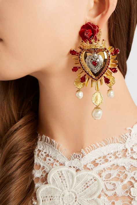 Dolce Gabbana Jewelry, 파티 드레스, Dolce E Gabbana, Clip Earrings, Sacred Heart, Heart Jewelry, Red And Gold, Heart Earrings, Cute Jewelry