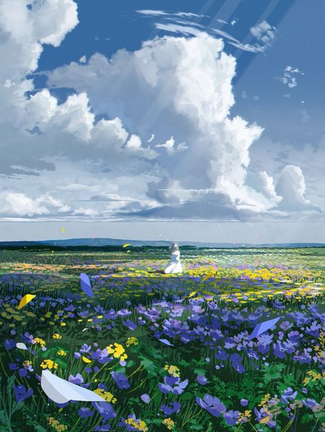 Field Of Flowers Digital Art, Flower Field Illustration Art, Ipad Wallpaper Switzerland, Anime Field Of Flowers, Flower Field Anime Background, Landscape With Flowers Drawing, Fantasy Flower Landscape, Sitting In Flower Field Reference, Flower Field Concept Art