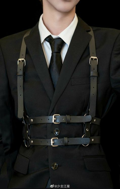 Suit And Harness Men, Suit Harness Men, Harness Fashion Mens, Harness Suit Men, Suit With Harness Men, Suits With Harness, Men In Harness, Formal Cyberpunk Outfit Male, Men Harness Outfit