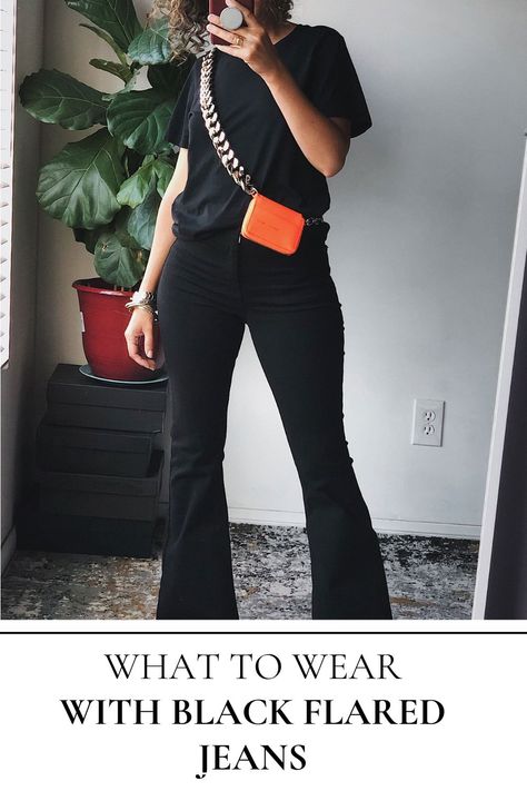 What to wear with black flared jeans | With Images Black Jeans Outfit Flare, Black Flared Jeans Outfit Summer, How To Wear Black Flare Jeans, Flair Jeans Outfit Casual, Flare Jeans Outfit Night Out, Black Jeans Outfit 2024, Black Flare Jeans Outfit Summer, Bootcut Black Jeans Outfit, Black Flare Jeans Outfit Night Out