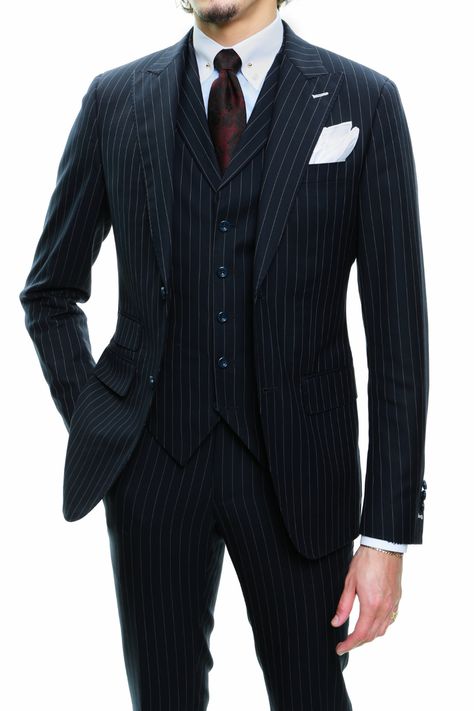 English Hunting Outfit, Navy Blue 3 Piece Suit, Double Breasted Pinstripe Suit, Blue 3 Piece Suit, Pin Stripe Suit, Peak Lapel Suit, Black Pinstripe Suit, Stripe Suit, Navy Blue Vest