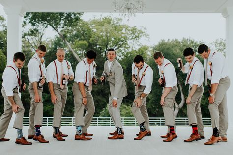 Bush Wedding Groomsmen, Groomsmen Mountain Wedding, Groomsmen Attire Tan Pants, Tan Pants With Suspenders Wedding, Rustic Wedding Mens Attire Jeans, Tan Suspenders Groomsmen, Earthy Groomsmen Attire, Barn Wedding Groomsmen Attire, Groomens Attire