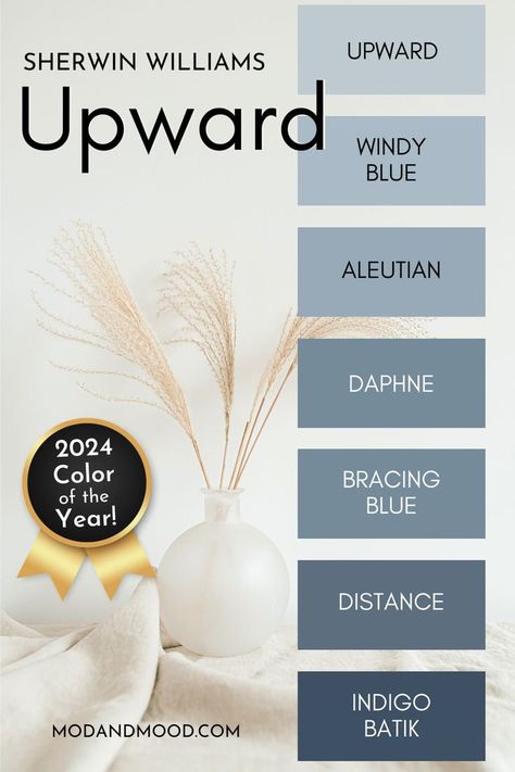 The Sherwin Williams Upward Color Strip features from light to dark: Upward, Windy Blue, Aleutian, Daphne, Bracing Blue, Distance, and Indigo Batik. Sherwin Williams Upward, Sherwin Williams Blue, Blue Walls Living Room, Living Room Wall Color, Light Blue Walls, Blue Gray Paint, New Paint Colors, Paint Color Inspiration, Interior House Colors