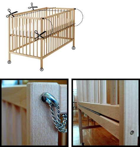 Ikea hacker turned an ikea crib into a co-sleeper crib. Genius! Love the simplicity of ikea cribs. Ikea Cot, Ikea Crib, Co Sleeper Crib, Baby Co Sleeper, Ikea Nursery, Diy Crib, Bedside Crib, Co Sleeper, Ikea Hackers