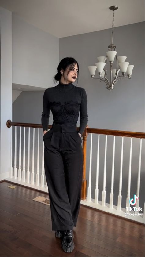 Casual Fall Goth Outfits, Black With A Pop Of Color Outfits, Elevating Your Style, Bussnis Outfit Women, Dark Aesthetic Outfits Winter, Goth Holiday Outfits, Goth Outfit Winter, Modern Goth Aesthetic, Femme Fatale Outfit Street Style