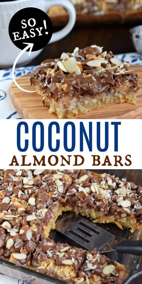 These Coconut Almond Bars are a delightful homemade candy bar recipe filled with toasted coconut and topped with chocolate, caramel, and crunchy almonds! Homemade Candy Bars, Candy Bar Recipe, Dessert Squares, Shugary Sweets, Almond Bars, Homemade Candy, Sweet Bar, Cereal Bars, Coconut Almond