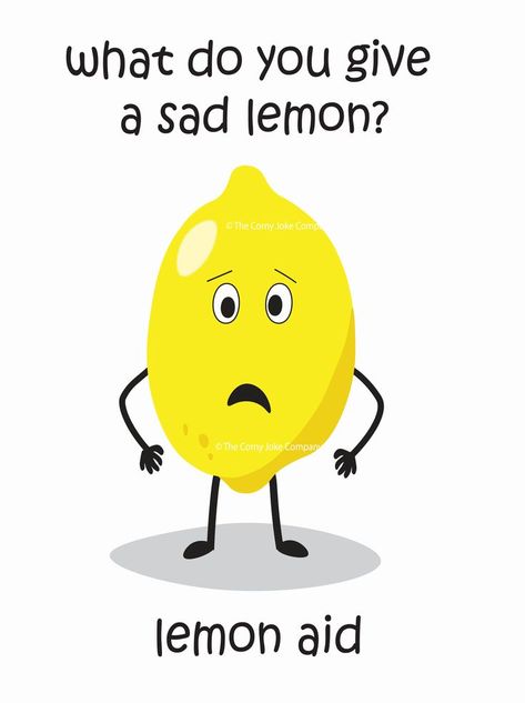 Cute lemon joke, sad lemon with caption 'what do you give a sad lemon? lemon aid Lemon Puns, Kid Friendly Jokes, Lemon Aid, Jokes And Puns, Funny Fruit, Corny Jokes, Food Puns, Jokes For Kids, Best Fruits