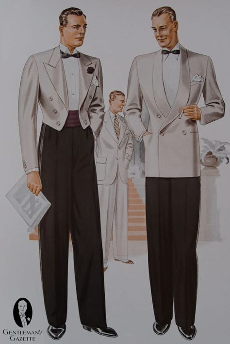 Mess Dress Jacket with burgundy cummerbund on the left and warm weather DB off-white dinner jacket on the right - London UK 1938 White Dinner Jacket, Black Tie Tuxedo, Vintage Tuxedo, Mens Fashion Illustration, White Dinner, Old Hollywood Glam, Dinner Jacket, Mens Formal Wear, Vintage Mens Fashion