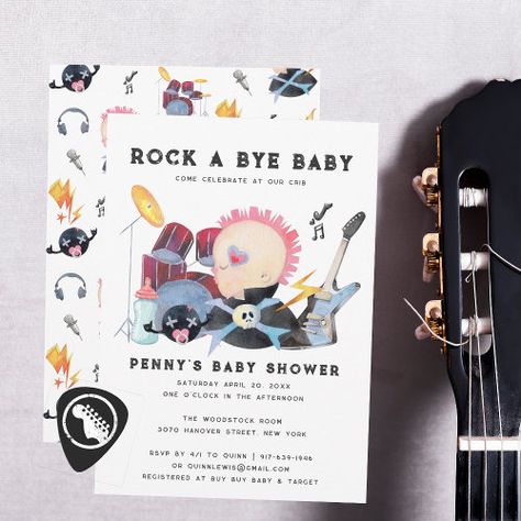 Rock A Bye | Rock & Roll Baby Shower for $2.80 - Pregnancy Announcements Watercolor Guitar, Rock Watercolor, Rock Baby Showers, Shower Music, Rock Amp, Punk Baby, Baby Shower Party Invitations, Rock A Bye Baby, Theme Tattoo