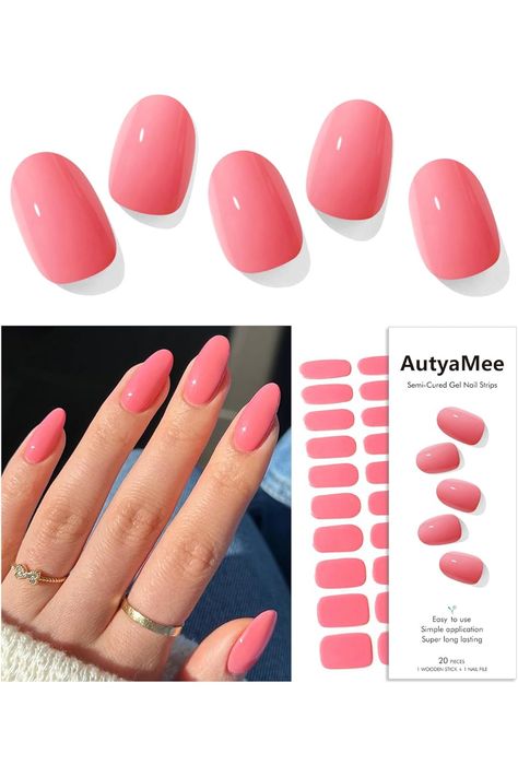 Semi Cured Gel Nail Strips (Pink Coral)-20 PCS Gel Nail Stickers Gel Nail Wraps UV Light Required,Salon Quality &amp; Easy To Use Nature Nails, Light Nail, Gel Nail Stickers, Gel Nail Strips, Nail Salons, Nail Sticker, Nail Art Accessories, Uv Lamp, Pink Coral