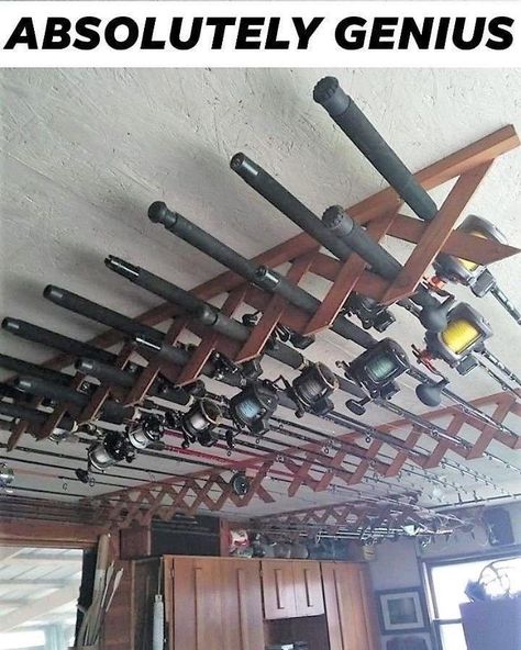 Garage Storage Ideas Tools, Diy Fishing Rod Holder, Fishing Pole Storage, Diy Fishing Rod, Fishing Pole Holder, Storage Shed Organization, Fishing Storage, Fishing Rod Storage, Fishing Rod Rack