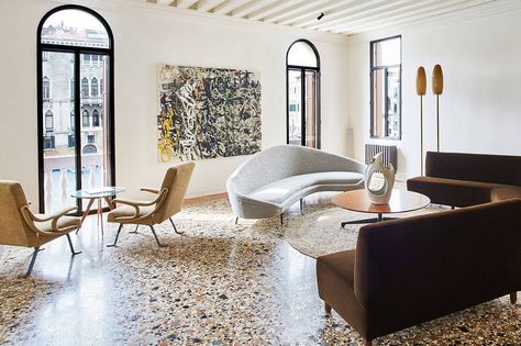 terrazzo floor.  on the walls, white Marmarino (fresco plaster made with finely crushed marble subtly reflects light. Terrazzo Interior Design, Terrazzo Interior, Terrazo Flooring, Terazzo Floor, Terrazzo Floors, Terrazzo Flooring, Small Living Rooms, Floor Tiles, Small Living