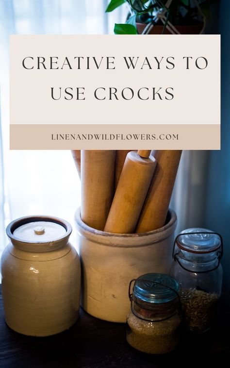 Do you have an obsession with collecting stoneware crocks? Well, in today’s post, I am sharing  Creative Ways to Use Vintage Crocks that are wonderful for home decor and great for organizing your home. Crock Vintage Decor, Crockpot Decor Ideas, 2 Gallon Crock Decor Ideas, Displaying Antique Crocks, Things To Do With Old Crocks, How To Decorate A Crock, How To Decorate With Antique Crocks, Antique Crocks Decor Ideas Kitchen, Crock With Rolling Pins