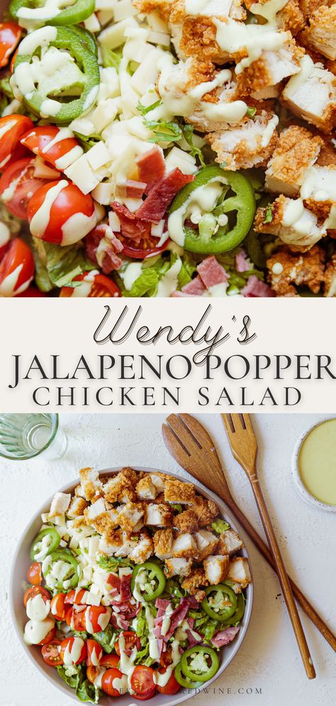 A delicious and hearty salad with chicken and all the best flavors of a jalapeno popper! It's a copycat for Wendy's Jalapeno Popper Chicken Salad and the best part is you can make this right at home! Jalapeno Popper Chicken Salad, Salads For Kids, Sausage Salad, Suddenly Salad, Chicken Poppers, Popper Chicken, Vegan Salad Dressing, Chicken Salad Recipe Easy, Salad With Chicken