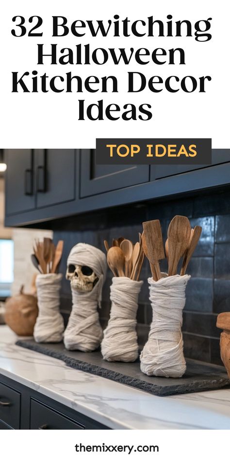 Discover spooktacular Halloween kitchen decor ideas to add a touch of festive charm to your home this season. From eerie centerpieces to ghostly dishware, bring the Halloween spirit into your kitchen with these creative and fun decorations. Transform your space into a haunted hideaway with simple yet stylish touches that will delight guests of all ages. Whether you prefer subtle accents or bold statement pieces, there are endless possibilities to customize your kitchen for the holiday. Get inspi Top Of Kitchen Cabinet Halloween Decor, Halloween Kitchen Cabinet Decor, Halloween Kitchen Decor Ideas, Halloween Decorations Kitchen, Spooky Kitchen, Halloween Kitchen Decor, Halloween Apothecary, Fun Decorations, Festive Table Setting