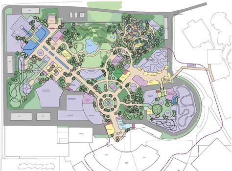 Amikoo_Park-Masterplan Diagram Theme Park Layout Plan, Theme Park Layout Design, Amusement Park Layout, Theme Park Concept Design, Amusement Park Plan, Amusement Park Map Illustration, Theme Park Planning, Disneyland Map, Theme Park Map