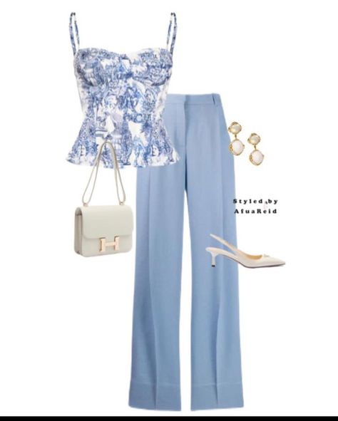 Luxury Light Blue Summer Tops, Luxury Feminine Blue Tops, Elegant Fitted Light Blue Pants, Light Blue Pants Outfit Women, Light Blue Trousers Outfit, Elegant Light Blue Trousers, Luxury Chic Blue Crop Top, Light Blue Pants Outfit, Light Blue Trousers