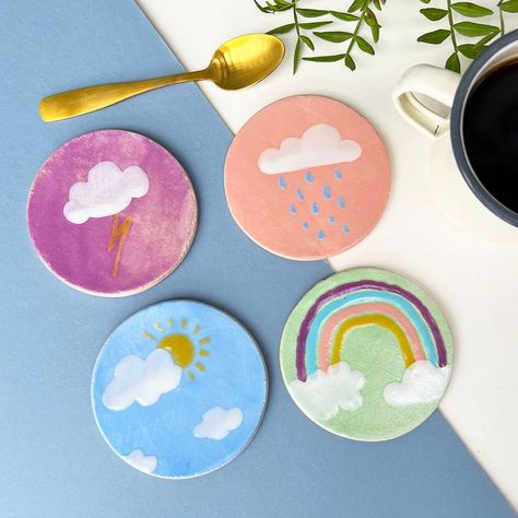 Quick and Easy Air Dry Clay Coasters You’ll Love Felted Coasters, Simple Thank, Coaster Art, Felt Coasters, Cute Coasters, Rainbow Paint, Small Canvas Paintings, Diy Coasters, Pottery Crafts