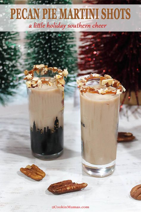 These sweet, creamy Pecan Pie Martini Shots will have you warming up the holiday parties in no time. Reminiscent of rich southern pecan pie, this winter cocktail sipper mixes Rum Chata, Crème de Cacao and Whipped Vodka then finishes with a yummy rim of caramel, chopped pecans and a topping of whipped cream. #cocktail #martini #shot #pecanpie #christmas #runchata #vodka #boozy #recipe #easy via @2CookinMamas Creamy Pecan Pie, Rum Chata, Whipped Vodka, Christmas Shots, Southern Pecan Pie, Cocktail Martini, Winter Cocktail, Winter Cocktails, Fruit Cocktails