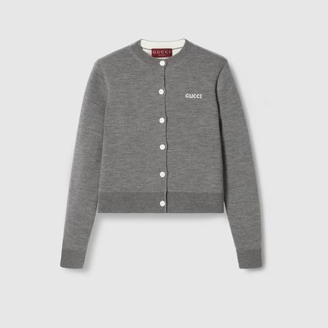 Wool jacquard cardigan in grey mélange | GUCCI® US Gucci Cardigan, Jacquard Cardigan, Cardigans For Women, Personal Style, Ready To Wear, Knitwear, Gift Wrapping, Gucci, Wool