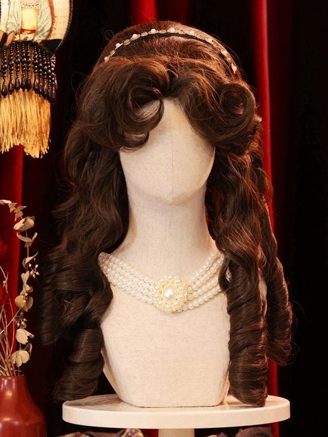 This wig closely resembles Belle's hairstyle from "Beauty and the Beast," exuding an air of elegance and sophistication. The curly bangs come with a natural volume, creating a high crown effect that perfectly enhances the facial contours. The deep brown color complements all skin tones, making it a versatile choice for any look.  Please note that the price includes one wig only.   	 		 			Size 			Free Size 		 		 			Length 			60 1880s Hairstyles, Rococo Portrait, Rococo Hairstyles, Hair Claims, Belle Hairstyle, Wigs Curly, Beauty And The Beast Belle, Overnight Hairstyles, Curly Bangs