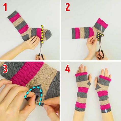 Fingerless Gloves From Old Sweaters, How To Make Gloves Out Of Socks, Upcycle Socks, Diy Fingerless Gloves, Diy Hand Warmers, Diy Mittens, Gloves Diy, Diy Wardrobe, Recycled Sweaters